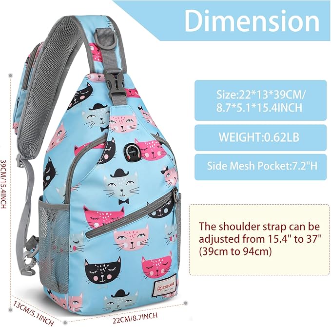 ZOMAKE Sling Bag for Women Men, Small Crossbody Sling Backpack, Mini Water Resistant Shoulder Daypack for Travel, Anti Thief Chest Bag for Hiking, Sports(Cat's Head Light Blue)