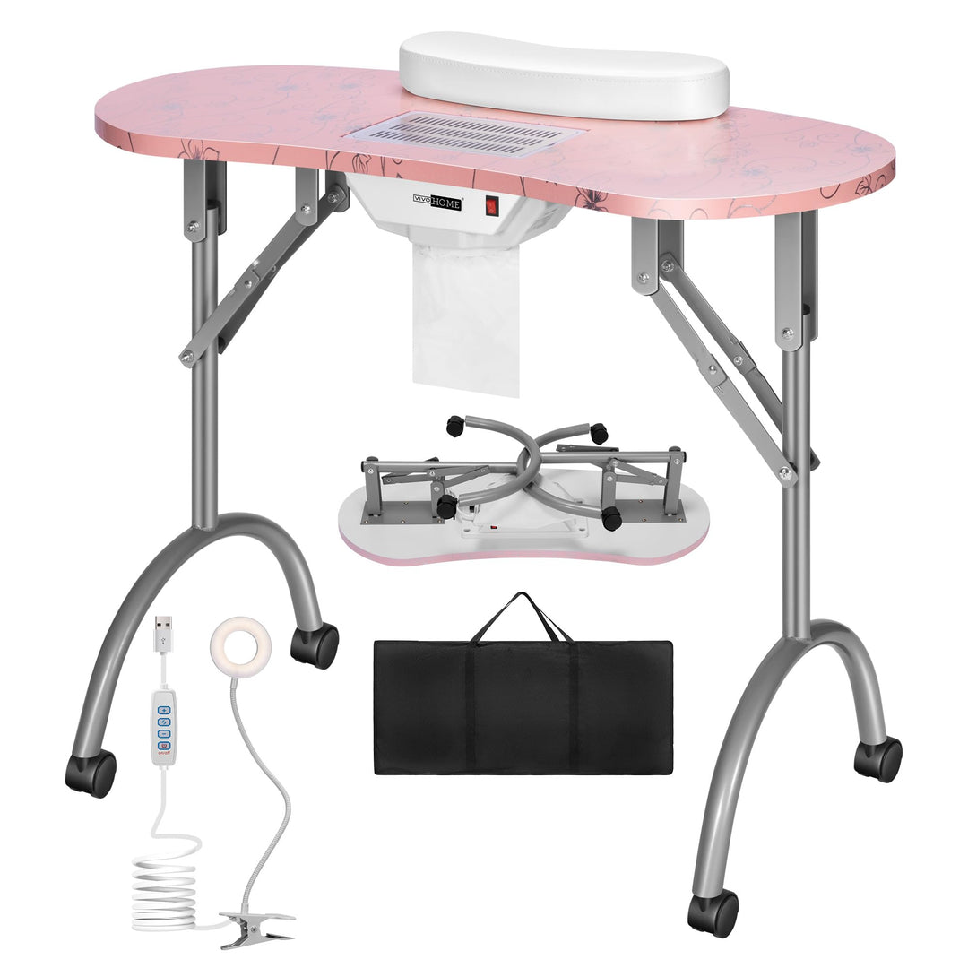 Vivohome Portable Manicure Nail Table On Wheels With Built-In Dust Collector, Updated Usb-Plug Led Table Lamp, Carry Bag For Hom