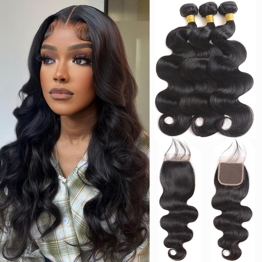 Releek Body Wave Bundles With Closure Brazilian Human Hair 3 Bundles With Closure(10 12 14+10) Inch Body Wave 100% Unprocessed V