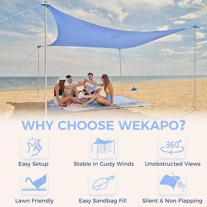 WEKAPO Beach Tent Sun Shelter - Easy Setup Beach Canopy with 4 Sturdy Poles, Large Sandbags and Shovel, 7'1'' Tall, Windproof Sun Shade for Backyard and Camping, UPF 50+ Protection