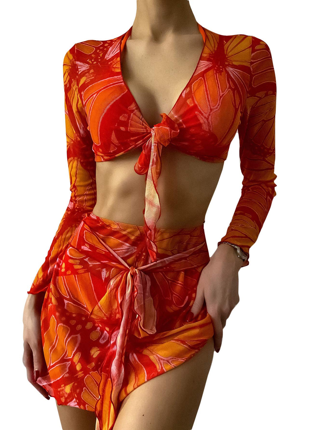 SweatyRocks Women's 2 Piece Bikini Cover Up Mesh Long Sleeve Crop Top and Skirt Set Orange Red L