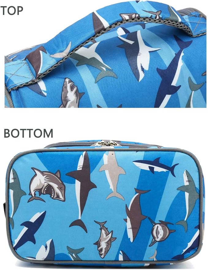 FlowFly Kids Double Decker Cooler Insulated Lunch Bag Large Tote for Boys, Girls, Men, Women, With Adjustable Strap, Shark