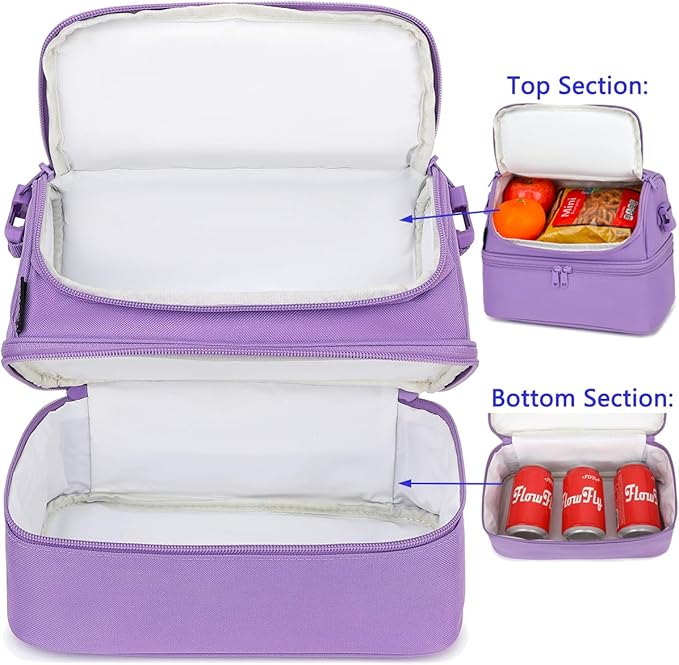 FlowFly Double Decker Cooler Insulated Lunch Bag Large Tote for Boys, Girls, Men, Women, with Adjustable Strap,Purple