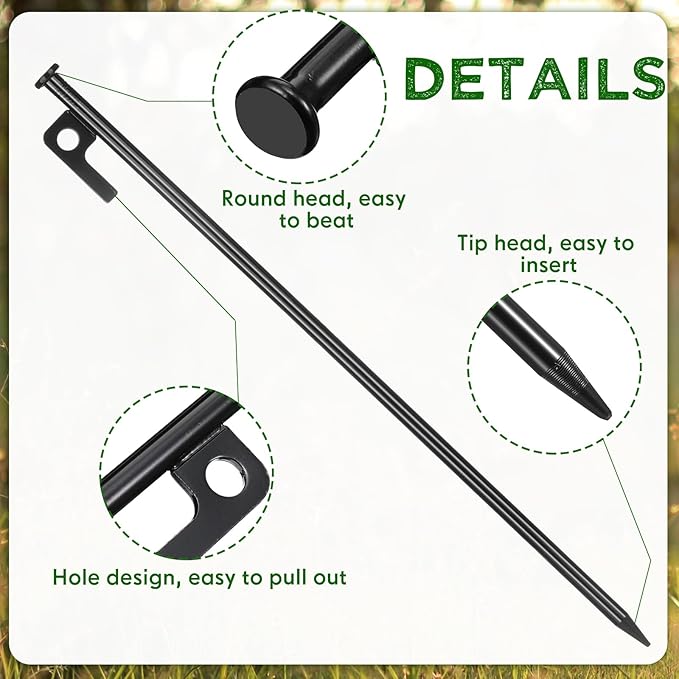 Blulu 24 Pcs 8/12/16 Inch Tent Stakes Heavy Duty Steel Metal Tent Pegs Unbreakable and Inflexible Metal Stakes Tent Spikes for Camping, Yard Decoration, Picnic, Tarp(Black, 16 Inch)