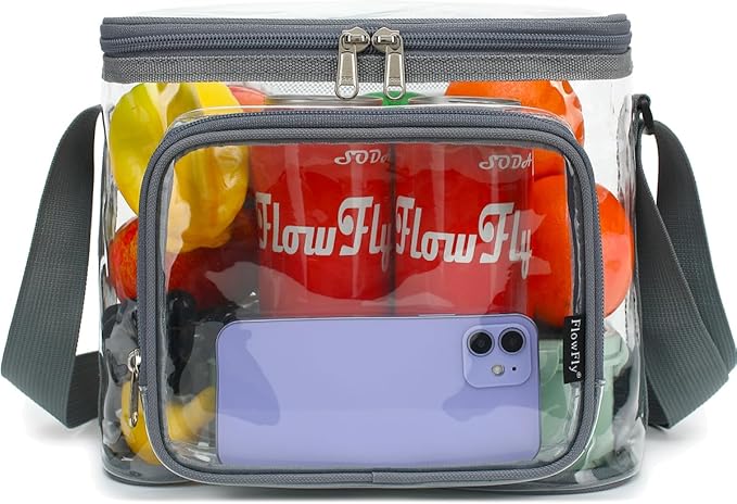 FlowFly Insulated Reusable Lunch Bag Adult Large Lunch Box for Women and Men with Adjustable Shoulder Strap,Front Zipper Pocket and Dual Large Mesh Side Pockets,Clear#Grey