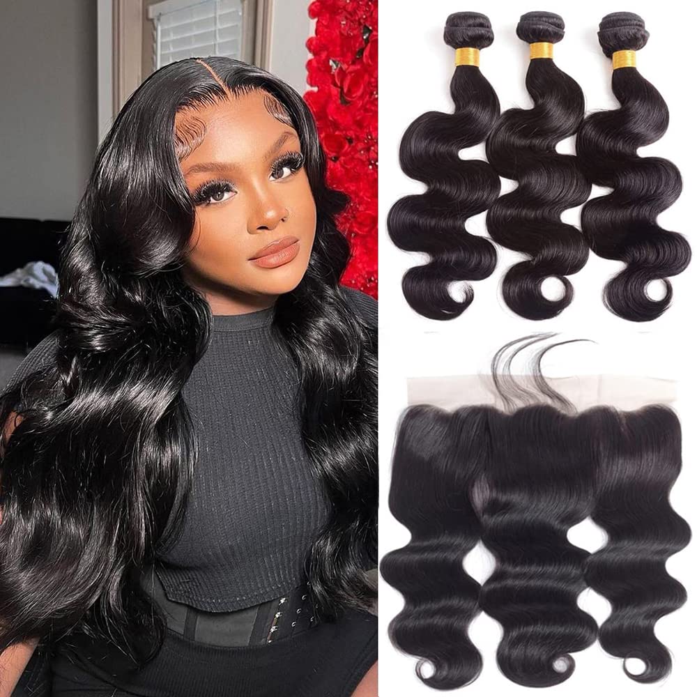 Human Hair Bundles With Frontal Body Wave Bundles With Frontal (Body16 16 18+14In) Human Hair Body Wave Bundles With Closure Bra