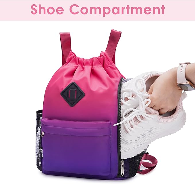 WANDF Drawstring Backpack Sports Gym Bag with Shoes Compartment, Water-Resistant String Backpack Cinch for Women Men (Small,Rose Gradient)