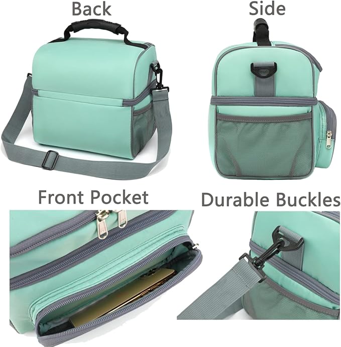 FlowFly Double Layer Cooler Insulated Lunch Bag Adult Lunch Box Large Tote Bag for Men, Women, With Adjustable Strap,Front Pocket and Dual Large Mesh Side Pockets