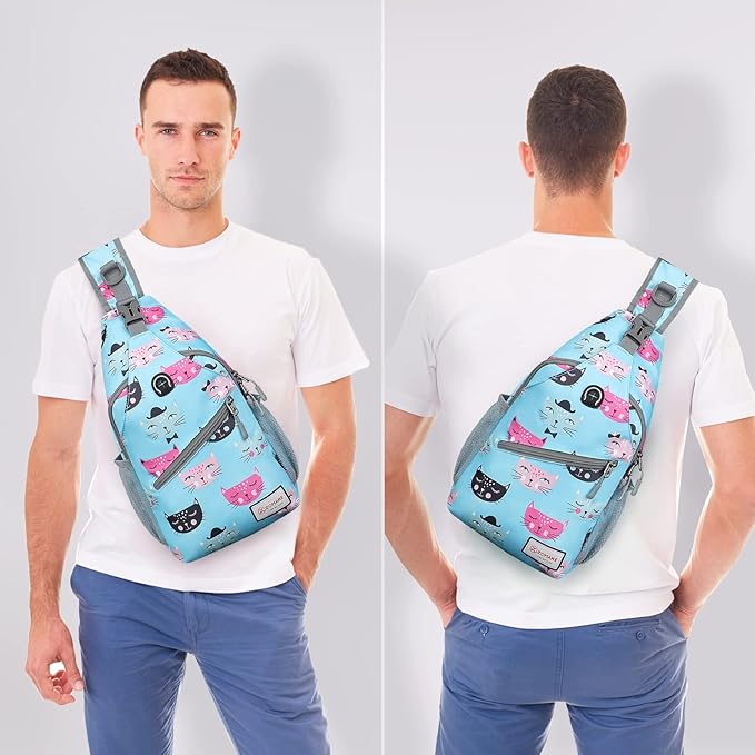 ZOMAKE Sling Bag for Women Men, Small Crossbody Sling Backpack, Mini Water Resistant Shoulder Daypack for Travel, Anti Thief Chest Bag for Hiking, Sports(Cat's Head Light Blue)