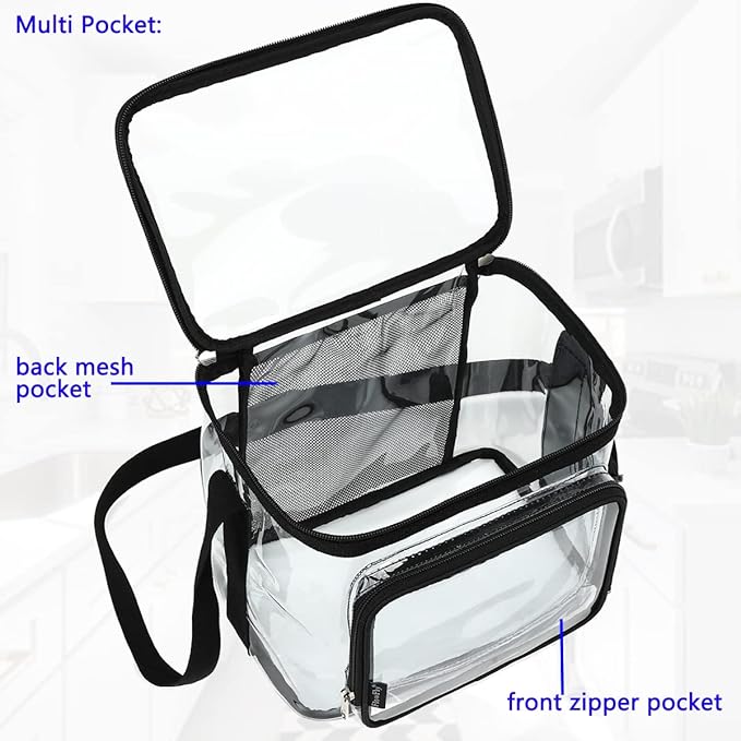 FlowFly Insulated Reusable Lunch Bag Adult Large Lunch Box for Women and Men with Adjustable Shoulder Strap,Front Zipper Pocket and Dual Large Mesh Side Pockets, Clear