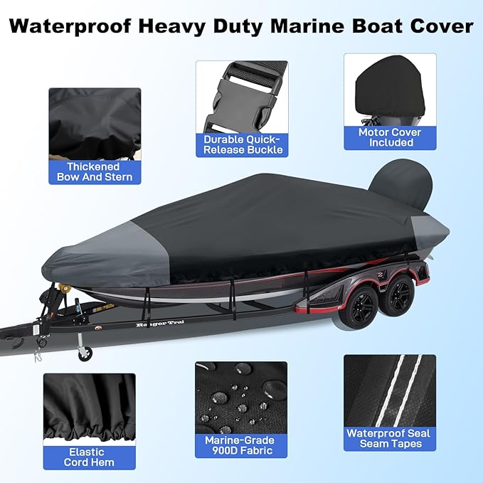 Boat Cover 16-18.5ft, Bass Tracker Boat Cover with Sand Bag Mooring Kit, 1200D Marine Canvas Waterproof Heavy Duty Boat Covers for 16 feet 17ft 18' Foot V Hull Bass & Runabout Boat,Black