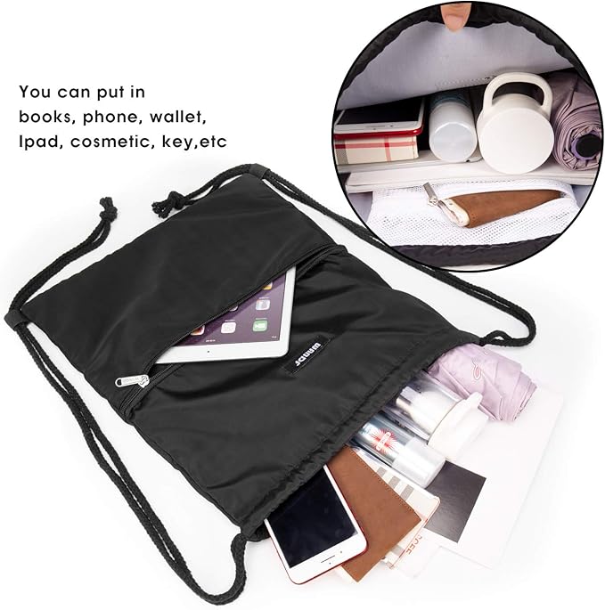 WANDF Drawstring Backpack String Bag Sackpack Cinch Water Resistant Nylon for Gym Shopping Sport Yoga (Black)