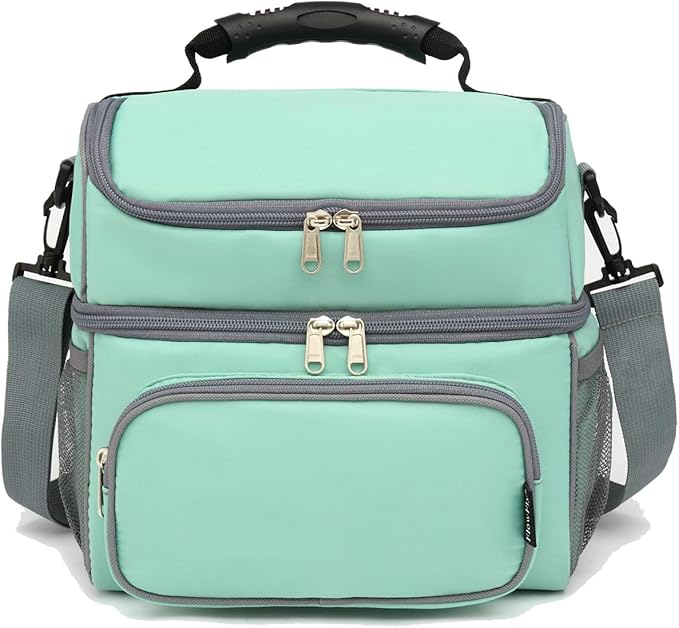 FlowFly Double Layer Cooler Insulated Lunch Bag Adult Lunch Box Large Tote Bag for Men, Women, With Adjustable Strap,Front Pocket and Dual Large Mesh Side Pockets
