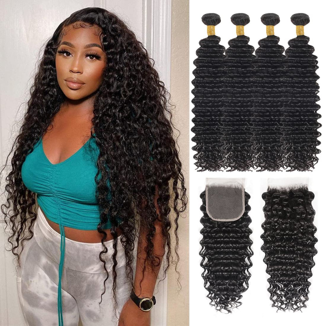 Deep Wave 4 Bundles With Closure (22 24 26 28+20 Closure) Natural Color Curly Bundles And 4X4 Lace Closure Free Part 100% Unproc