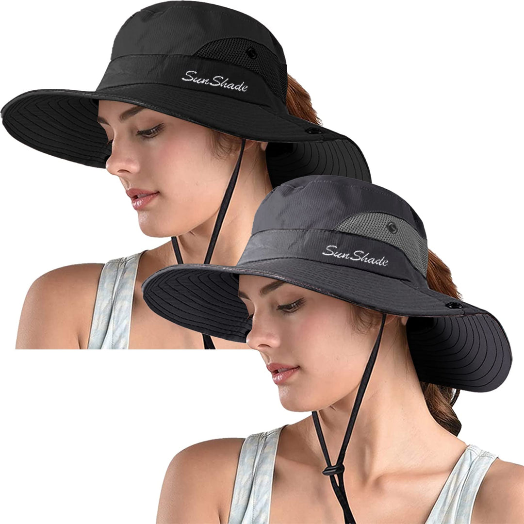 ZOORON 2 Pack Women's Ponytail Safari Sun Hat,Wide Brim UV Protection Outdoor Bucket Hat,Foldable Beach Summer Fishing Hat