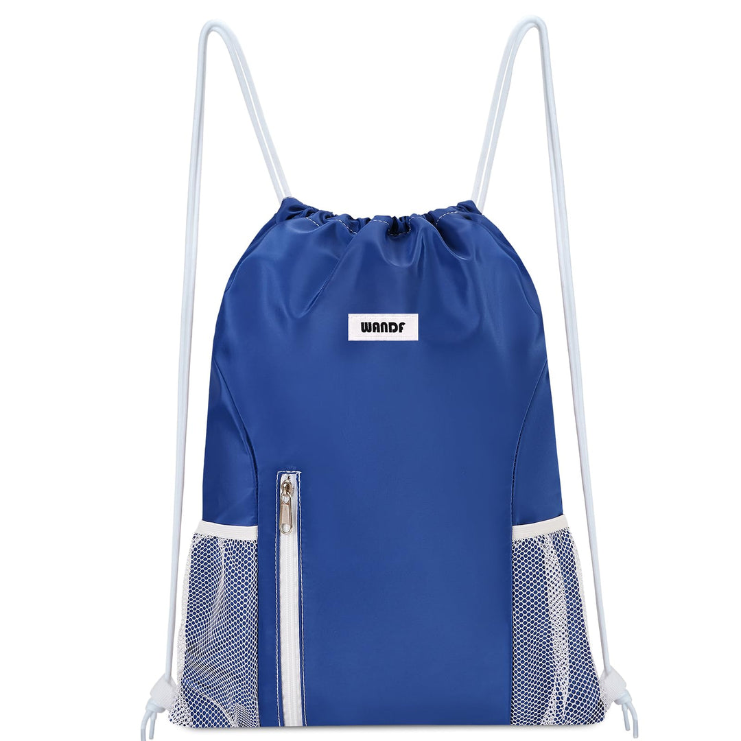 WANDF Drawstring Backpack Sports Gym Sackpack with Mesh Pockets Water Resistant String Bag for Women Men (Navy Blue)