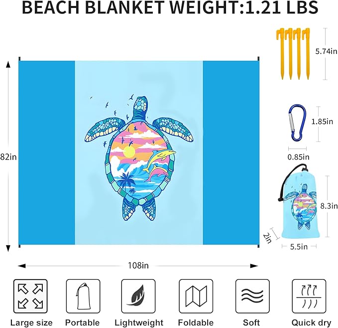 Large Beach Blanket Waterproof Sandproof 108"x 82" for 1-6 Adults,Quick Drying Beach Mat,Lightweight & Durable,Beach Essentials for Family Beach Camping Travel Picnic
