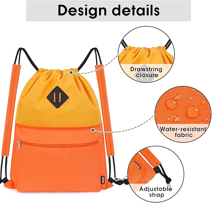 WANDF Drawstring Backpack with Shoulder Pad Sports Gym Backpack with Wet Compartment, Water-Resistant String Bag Cinch Bag for Women Men (Orange with Shoulder Pad)