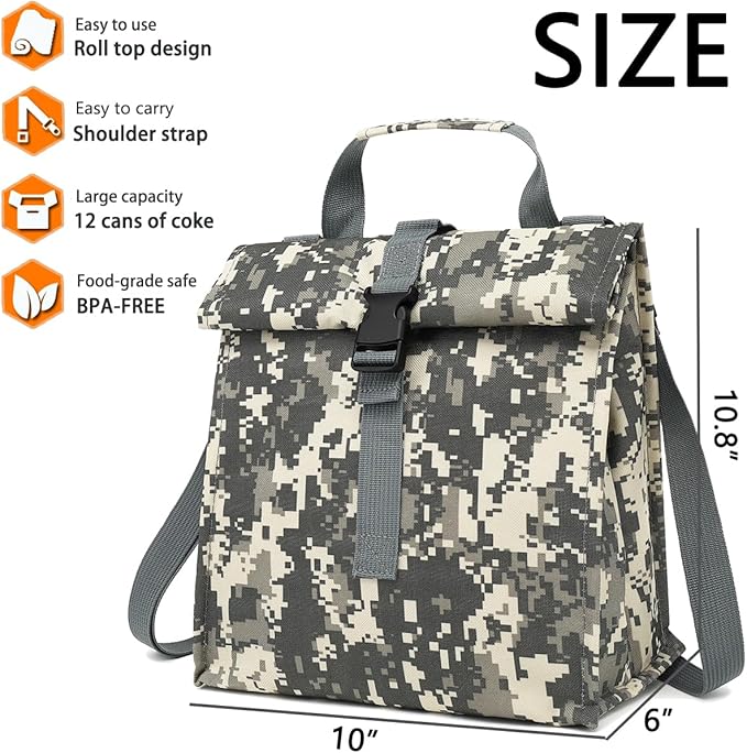 Insulated Lunch Bag for Men/Women/Kids, Roll top Reusable Lunch Box with Adjustable Shoulder Strap, Thermal Lunch Cooler Tote Container for Adults/Teens School Work Office Picnic,Black,Camo