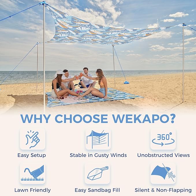 WEKAPO Beach Tent Sun Shelter - Easy Setup Beach Canopy with 4 Sturdy Poles, Extra Large Sandbags and Shovel, 7'8'' Tall, Windproof Sun Shade for Backyard and Camping, UPF 50+ Protection