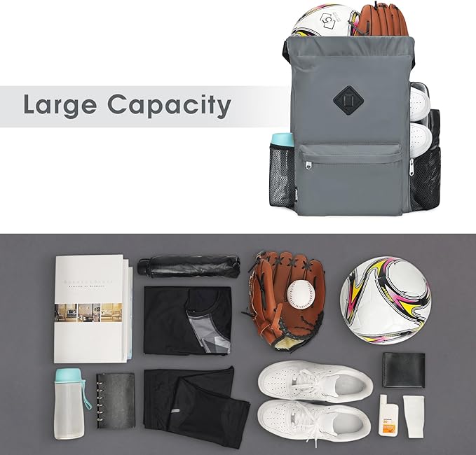 WANDF Drawstring Backpack Sports Gym Bag with Shoes Compartment, Water-Resistant String Backpack Cinch for Women Men(Large,Grey)