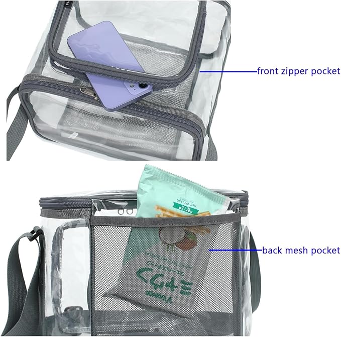 FlowFly Insulated Reusable Lunch Bag Adult Large Lunch Box for Women and Men with Adjustable Shoulder Strap,Front Zipper Pocket and Dual Large Mesh Side Pockets,Clear#Grey