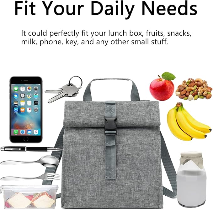 Insulated Lunch Bag for Men/Women/Kids, Roll top Reusable Lunch Box with Adjustable Shoulder Strap, Thermal Lunch Cooler Tote Container for Adults/Teens School Work Office Picnic,Grey