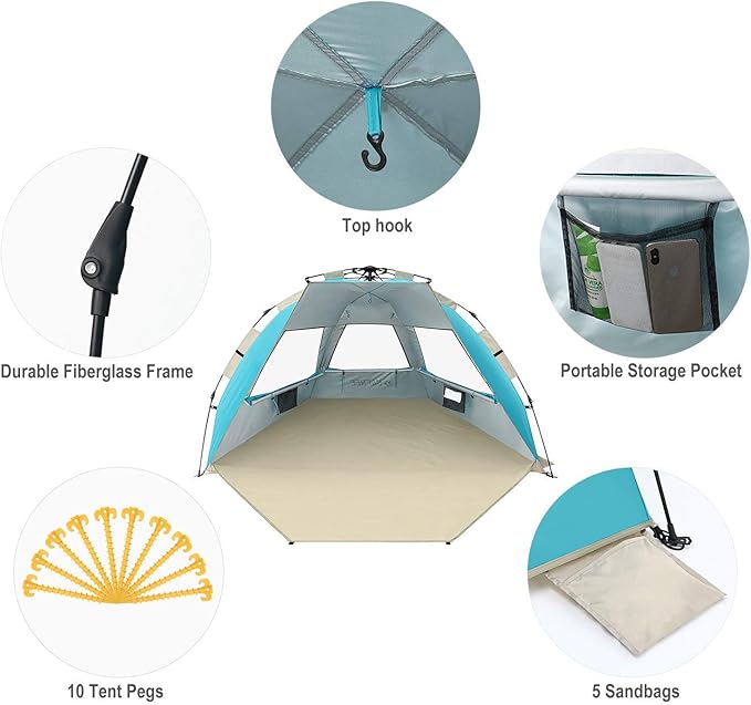 G4Free 3-4 Person Beach Tent Pop Up Shade, Lightweight UPF 50+ Beach Sun Shelter Family Size, Easy Setup and Portable Sun Shade Canopy Cabana(Lake-Blue)