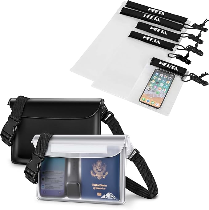HEETA Waterproof Pouch, Screen Touch Sensitive Waterproof Bag Black & White Bundled with 5-Pack Clear Waterproof Dry Bag