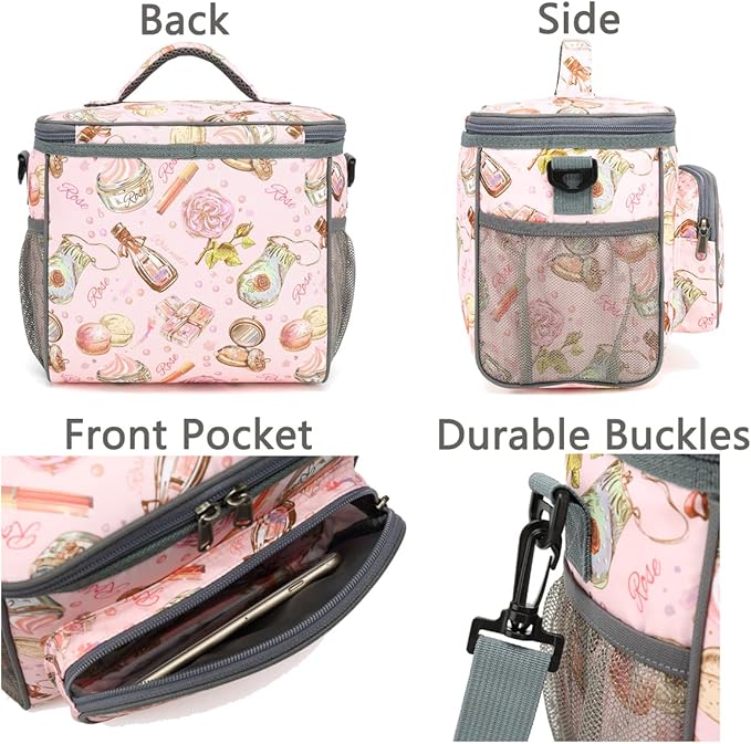 FlowFly Insulated Reusable Lunch Bag Adult Large Lunch Box for Women and Men with Adjustable Shoulder Strap,Front Zipper Pocket and Dual Large Mesh Side Pockets,Rose