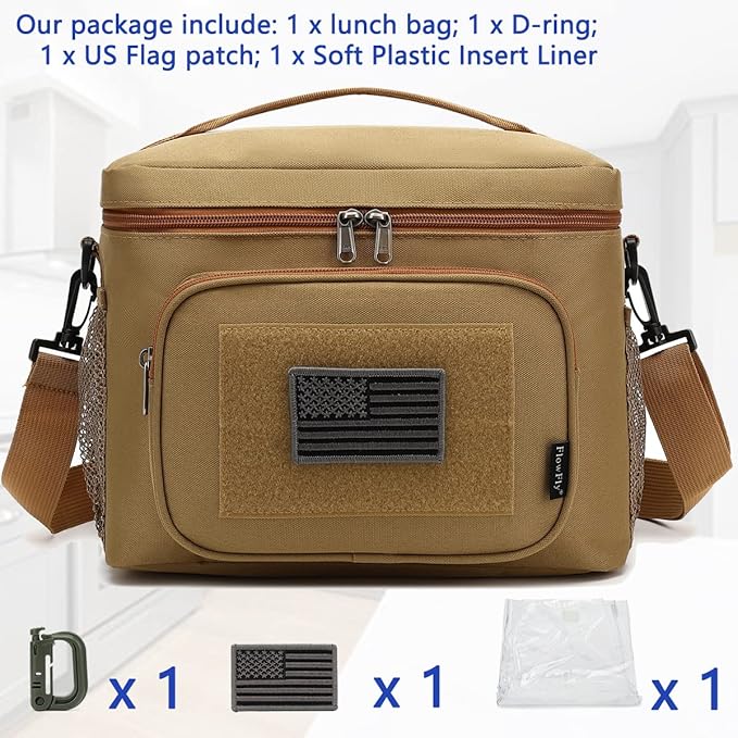 FlowFly Lunch Bag, Insulated Cooler, Thermal Lunch Box Tote with MOLLE/PALS Webbing, Adjustable Padded Shoulder Strap, for Tactical Men Women Adults and Boys Girls Kids (Brown, Large)