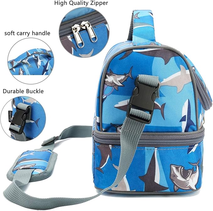 FlowFly Kids Double Decker Cooler Insulated Lunch Bag Large Tote for Boys, Girls, Men, Women, With Adjustable Strap, Shark