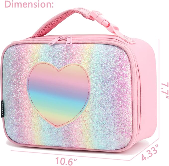 FlowFly Kids Lunch box Insulated Soft Bag Mini Cooler Back to School Thermal Meal Tote Kit for Girls, Boys, Glitter-RainBow