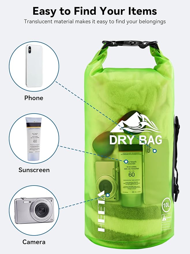 HEETA Dry Bag Waterproof for Women Men, 5L/10L/20L/30L/40L Roll Top Lightweight Dry Storage Bag Backpack with Phone Case for Travel, Swimming, Boating, Kayaking, Camping & Beach, 11 Transparent Colors
