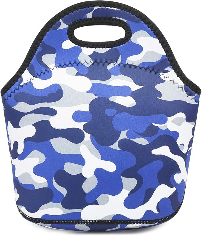 FlowFly Neoprene kids Lunch box Insulated Soft Bag Mini Cooler Thermal Meal Tote Kit for Boys, Girls,Men,Women,School,Work, Office, Blue Camo