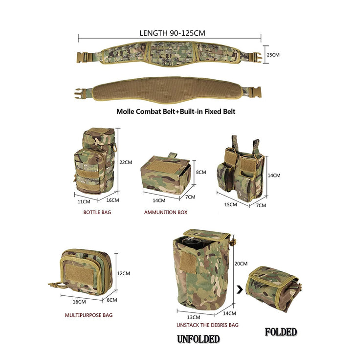 BOMTURN Tactical Battle Belt Military Molle War Duty Belt Law Enforcement for Police Army 7 in 1 Set