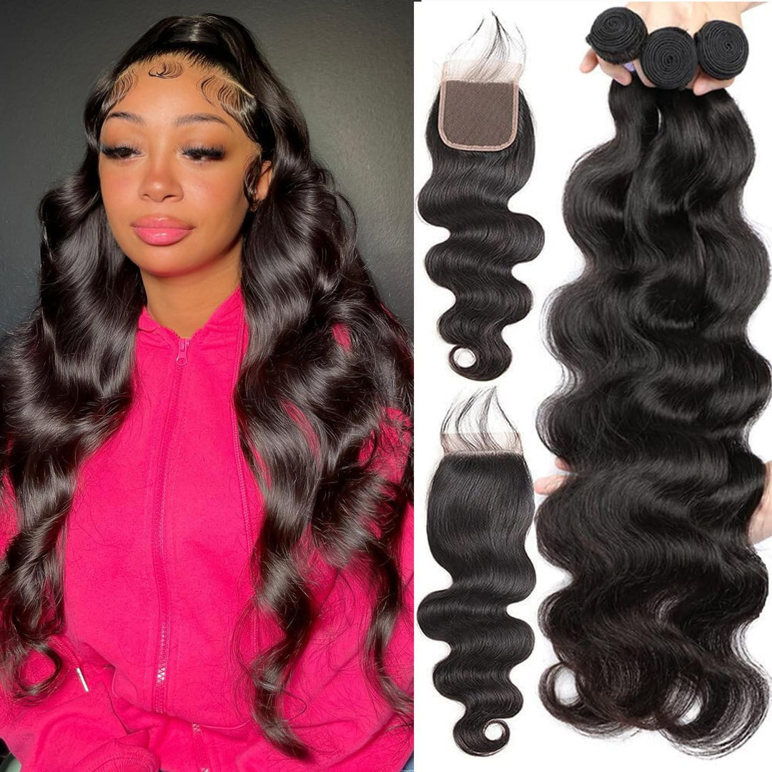 Releek 12A Grade Brazilian Body Wave Human Hair Bundles With 4X4 Lace Closure Free Part (24 26 28+22) Inch Body Wave Hair 3 Bund