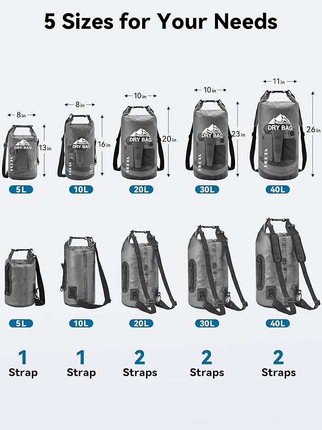 HEETA Dry Bag Waterproof for Women Men, 5L/10L/20L/30L/40L Roll Top Lightweight Dry Storage Bag Backpack with Phone Case for Travel, Swimming, Boating, Kayaking, Camping & Beach, 11 Transparent Colors