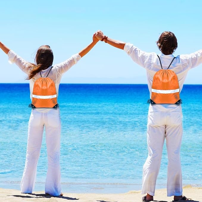 Drawstring Backpack with Reflective Strip, Bulk String Bag Cinch Sack for Gym, Sport, Travel (16Pcs, Orange)