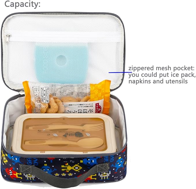 FlowFly Kids Lunch box Insulated Soft Bag Mini Cooler Back to School Thermal Meal Tote Kit for Girls, Boys, Robot