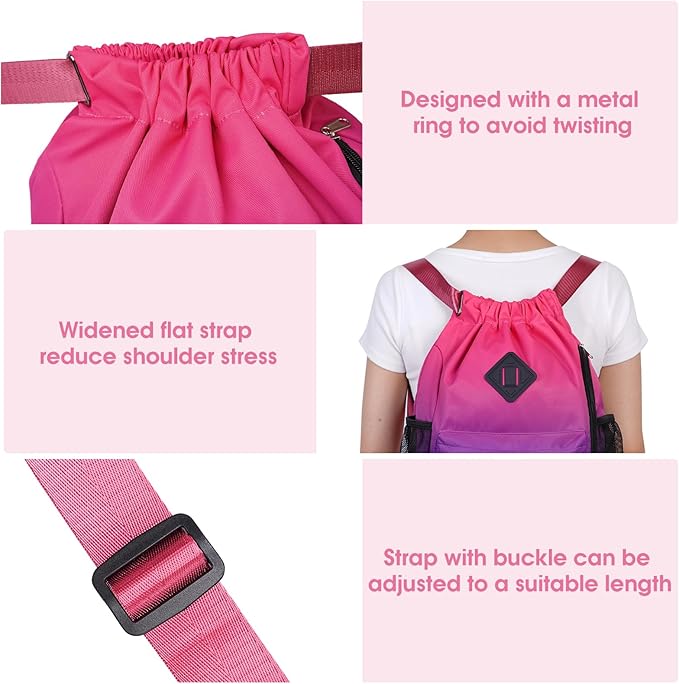 WANDF Drawstring Backpack Sports Gym Bag with Shoes Compartment, Water-Resistant String Backpack Cinch for Women Men (Small,Rose Gradient)