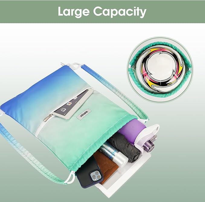 WANDF Drawstring Backpack Sports Gym Bag with Shoulder Pads Water Resistant String Bag Cinch Bag for Women Men (Blue-Green Gradient)