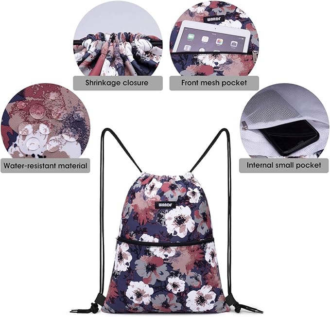 WANDF Drawstring Backpack String Bag Sackpack Cinch Water Resistant Nylon for Gym Shopping Sport Yoga (Blue Flower)