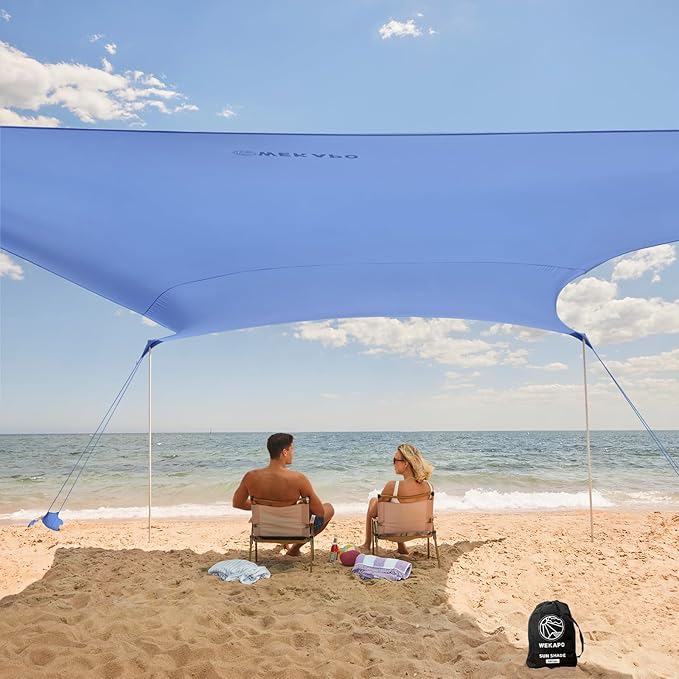 WEKAPO Beach Tent Sun Shelter - Easy Setup Beach Canopy with 4 Sturdy Poles, Large Sandbags and Shovel, 7'1'' Tall, Windproof Sun Shade for Backyard and Camping, UPF 50+ Protection