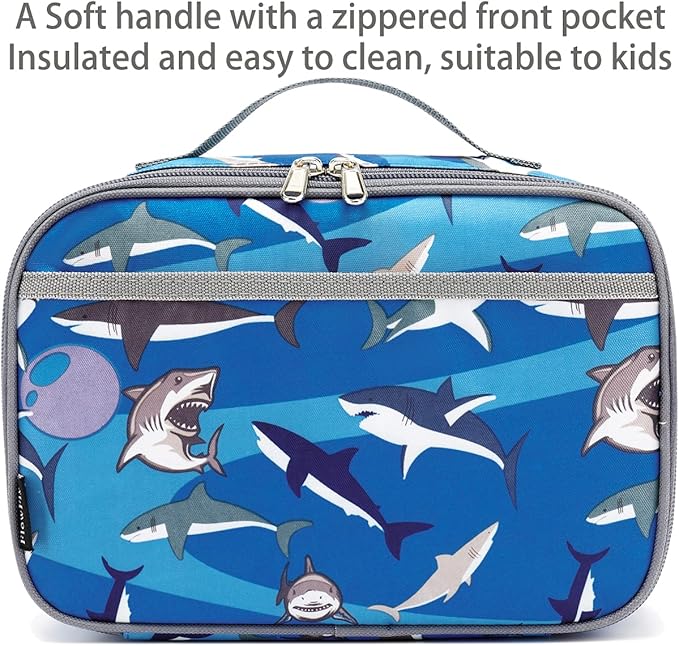 FlowFly Kids Lunch box Insulated Soft Bag Mini Cooler Back to School Thermal Meal Tote Kit for Girls, Boys, Shark