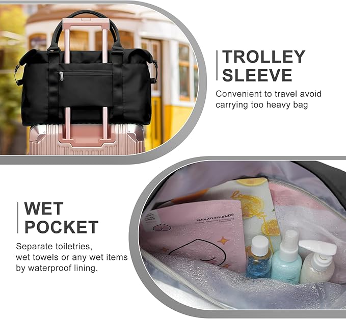 Weekender Duffel Bags for Women Men, Travel Totes Bag for Airplane, Cute Sports Gym Dance Overnight Luggage Bag with Wet Pocket, Carry On Hospital Bag for Labor and Delivery (Large Black)