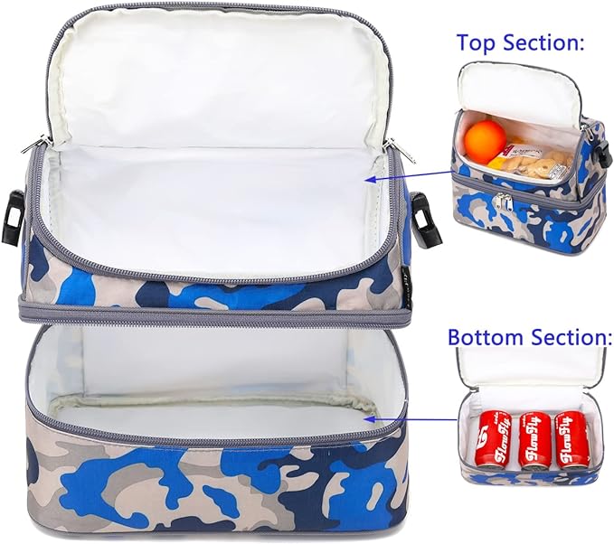 FlowFly Kids Double Decker Cooler Insulated Lunch Bag Large Tote for Boys, Girls, Men, Women, With Adjustable Strap, Blue Camo