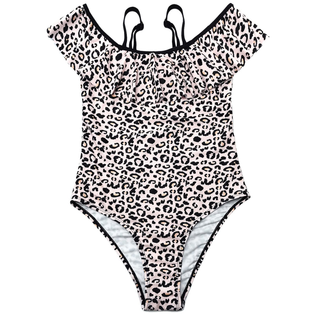SHEKINI Girls Flounce Cute Print One-Piece Swimsuits Off-Shoulder Beach Bathing Suit (Black-Print, 10/12)