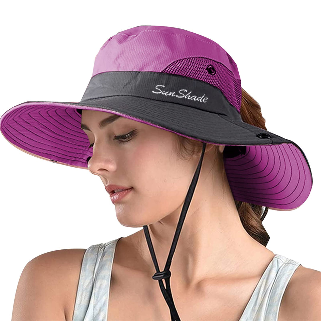 ZOORON 1 Pack Women's Ponytail Safari Sun Hat,Wide Brim UV Protection Outdoor Bucket Hat,Foldable Beach Summer Fishing Hat