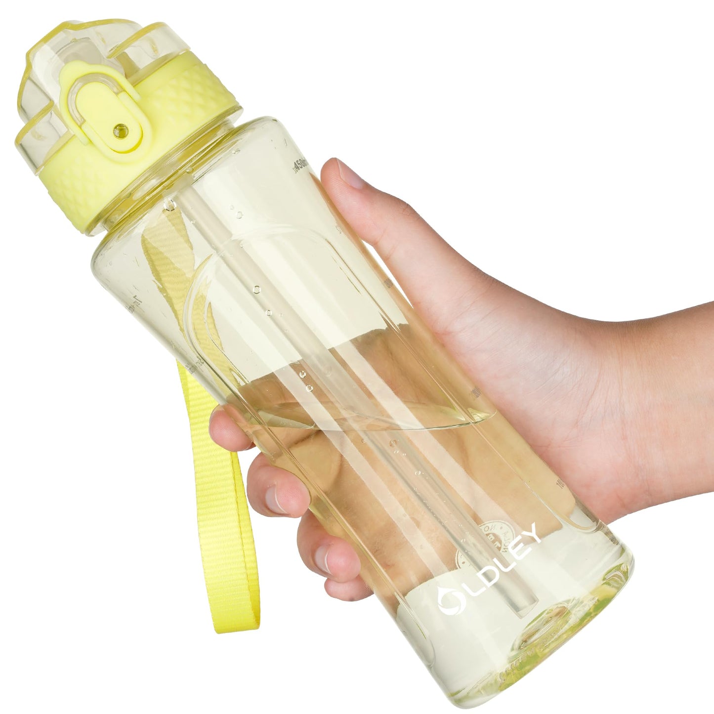OLDLEY Kids Water Bottle with Straw 15 oz BPA-Free Leak-Proof Motivational Water Bottles with Time Marker for School Sports Travel Gym, Easy to Use for Girls Goys, 1 Straw Lid, Transparent-yellow